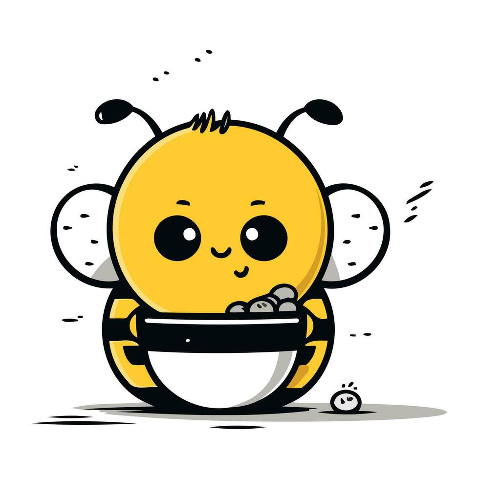 fofa desenho animado abelha com uma tigela do Comida. vetor ilustração.