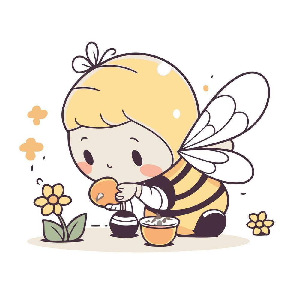 fofa pequeno abelha Garoto com querida Panela. vetor ilustração dentro desenho animado estilo.