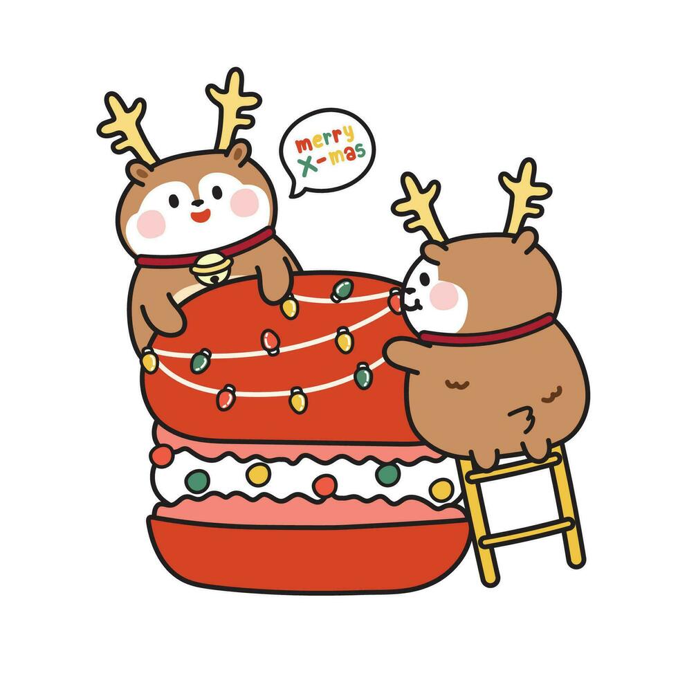 fofa veado decorar Natal luz em macaron.animal personagem desenho animado design.doce e sobremesa mão desenhado.inverno.garoto gráfico.kawaii.vetor.ilustração. vetor