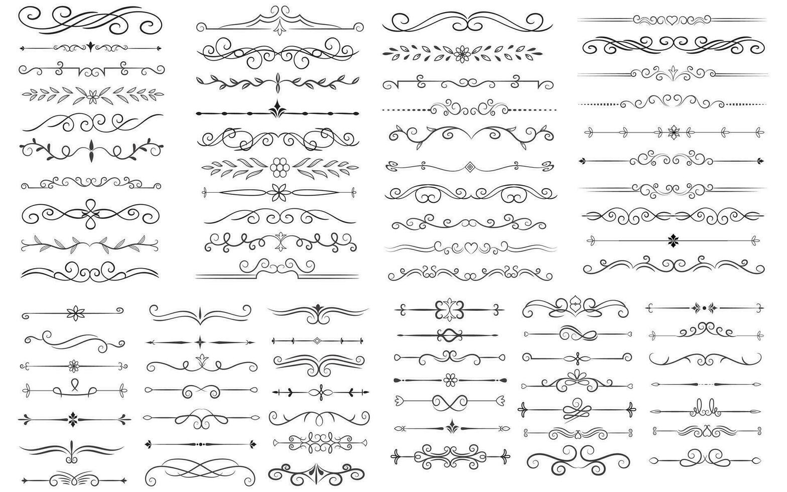 página divisor e Projeto elementos. conjunto do vários simples Preto divisor projeto, sortido divisor coleção modelo vetor. coleção do floral divisores elementos mega decoração para caligrafia. vetor