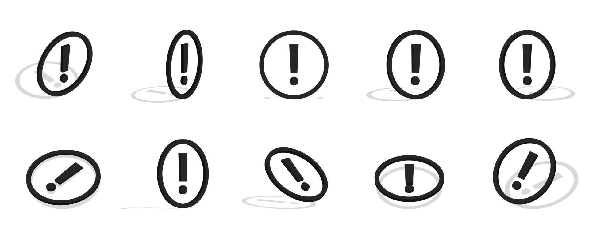 Ilustração do ícone 3d de ponto de exclamação preto com diferentes visualizações vetor