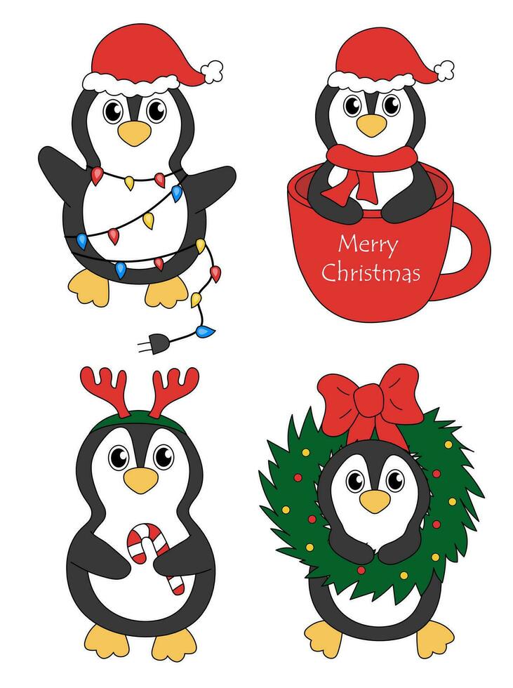 conjunto do desenho animado Natal e Novo ano pinguim personagens. fofa pinguins dentro xícara, festão, doce bengala, veado chifre arco de cabelo, guirlanda. vetor plano ilustração.