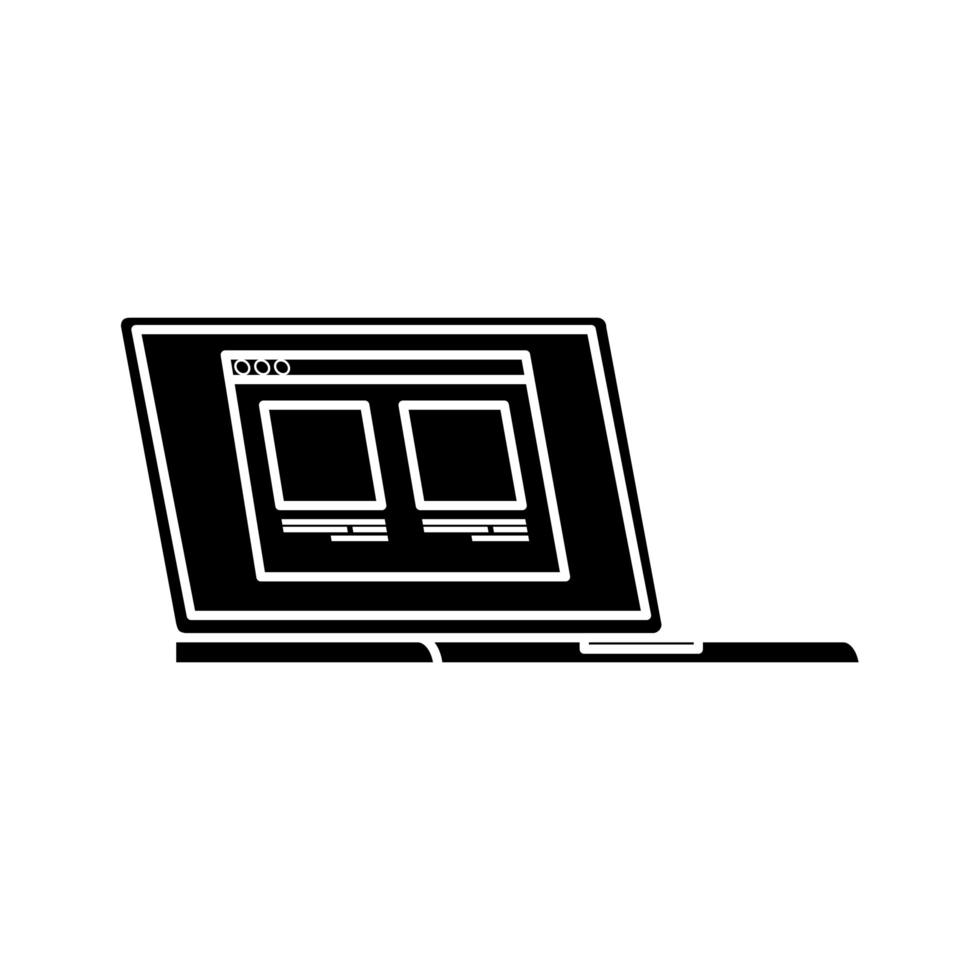 silhueta de computador laptop com ícone de página da web isolada vetor
