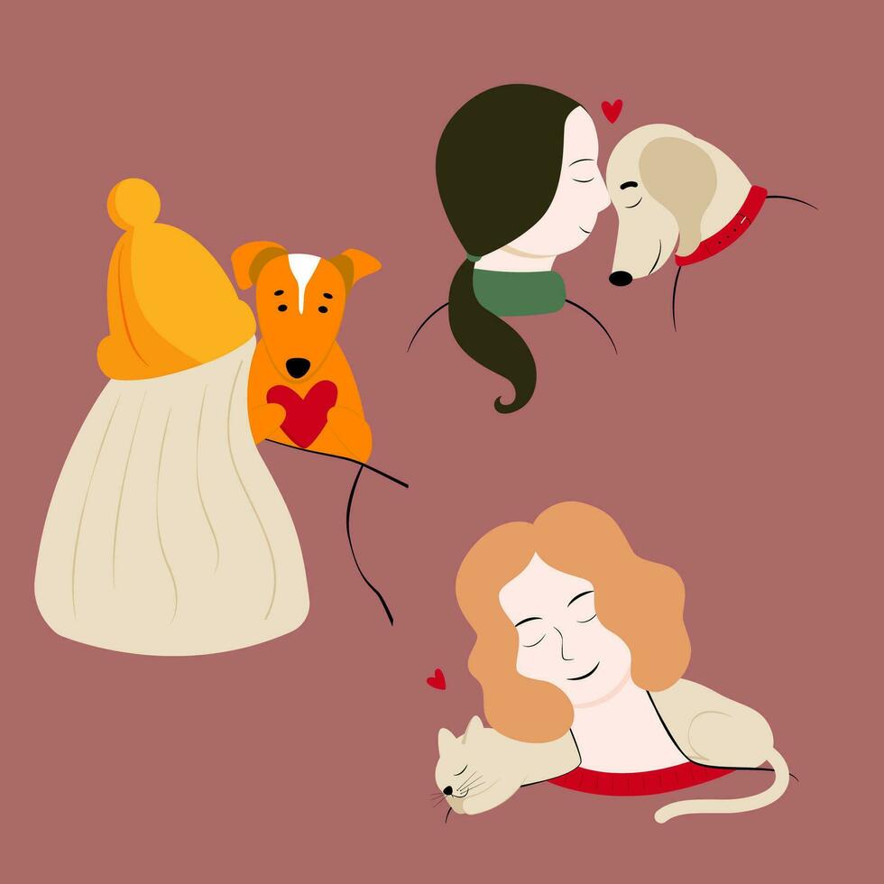 vetor conjunto plano ilustrações com feliz cachorro e gato os Proprietários. animal amantes conceito.