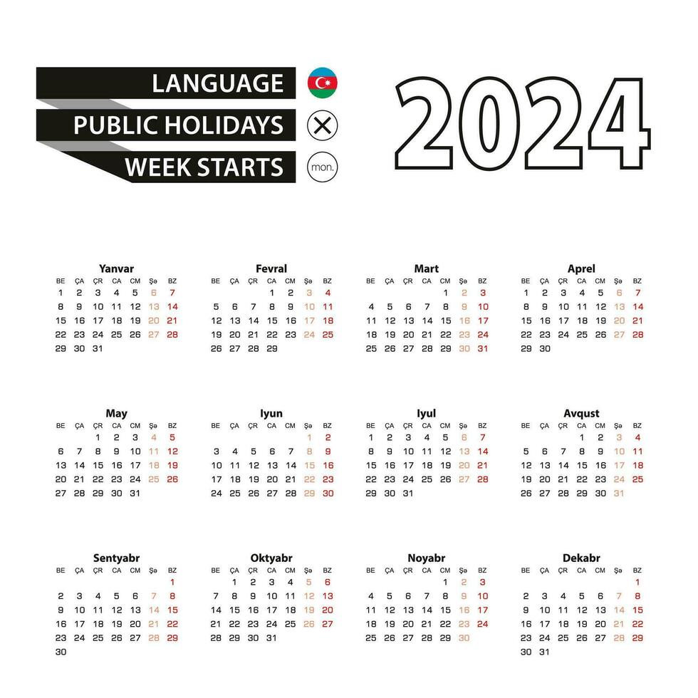 calendário 2024 dentro azerbaijani linguagem, semana começa em segunda-feira. vetor