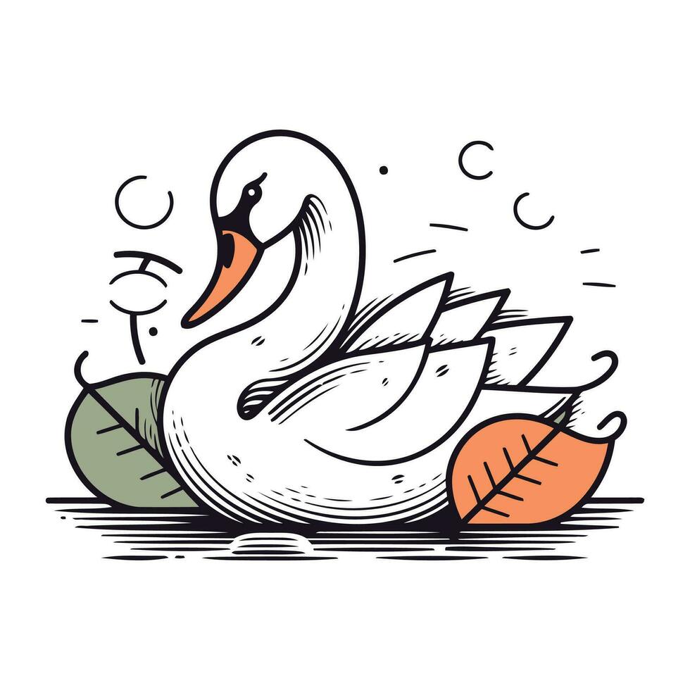 cisne com folhas. vetor ilustração dentro rabisco estilo.