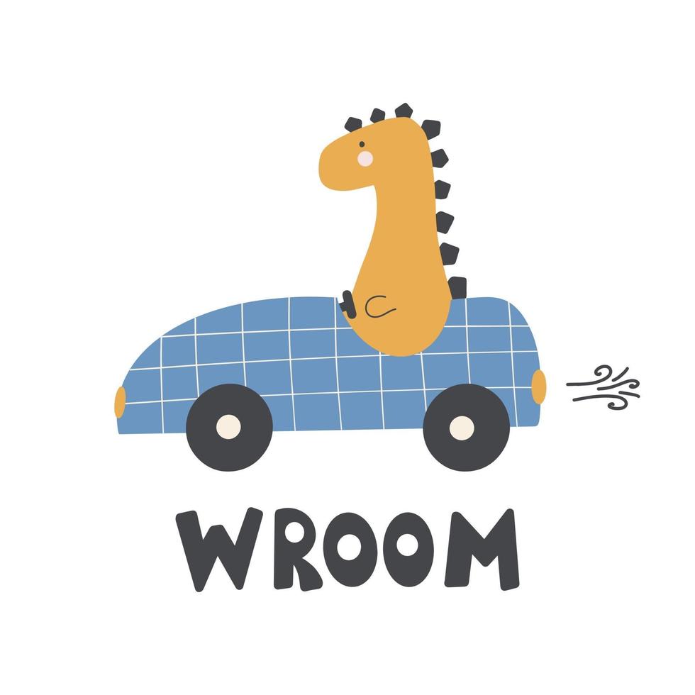 dinossauro no carro com uma inscrição-wroom. vetor