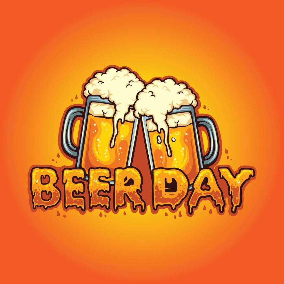 tipo de letra do dia da cerveja com duas ilustrações vetoriais de álcool de vidro vetor