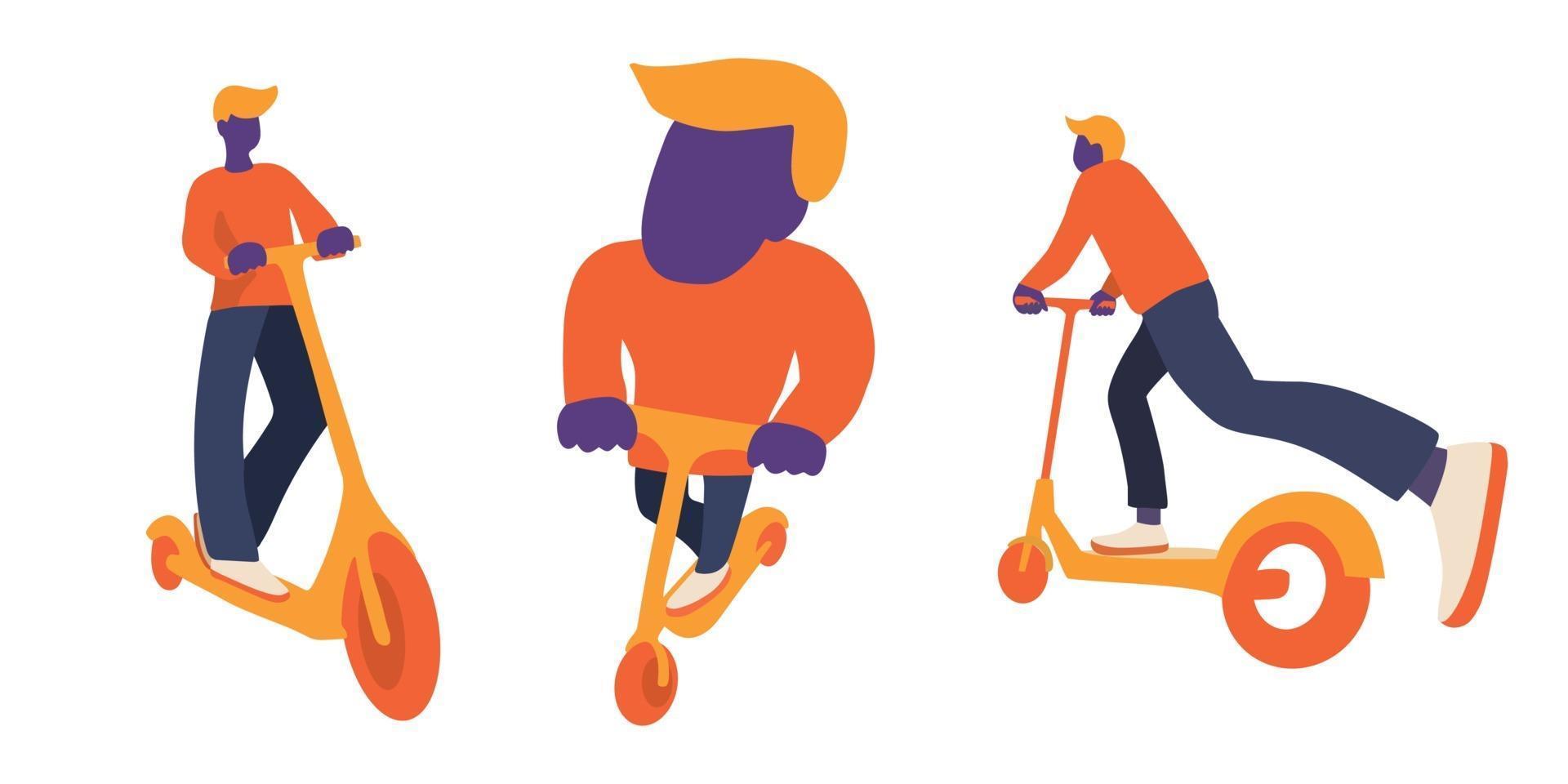 conjunto de três personagens andando de patinetes vetor