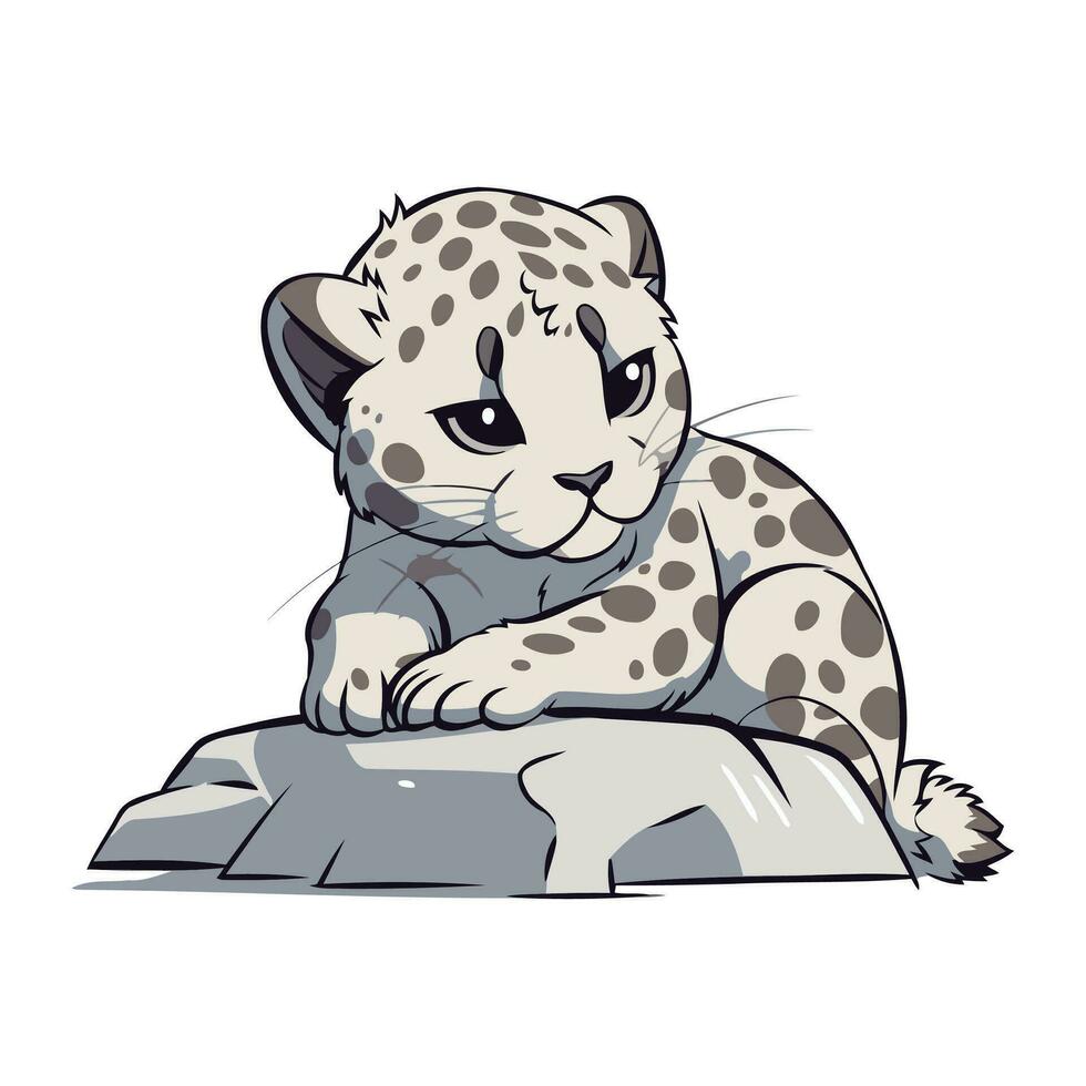 fofa desenho animado leopardo sentado em uma Rocha. vetor ilustração.