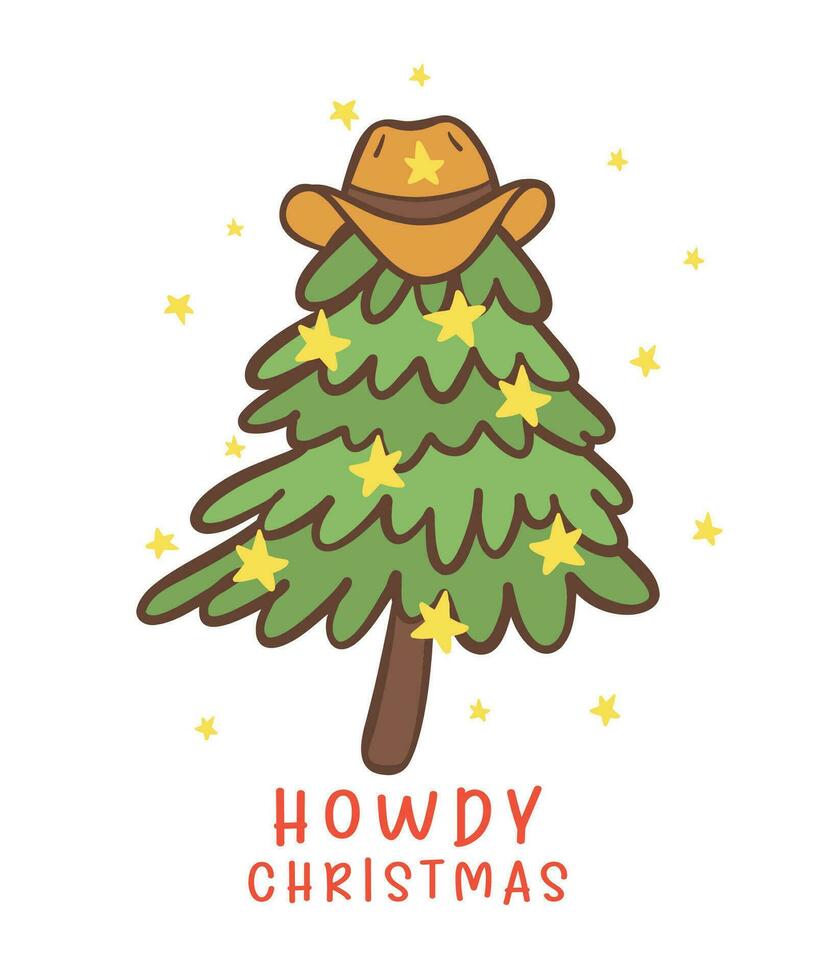fofa vaqueiro Natal árvore desenho animado personagem mão desenhando vetor