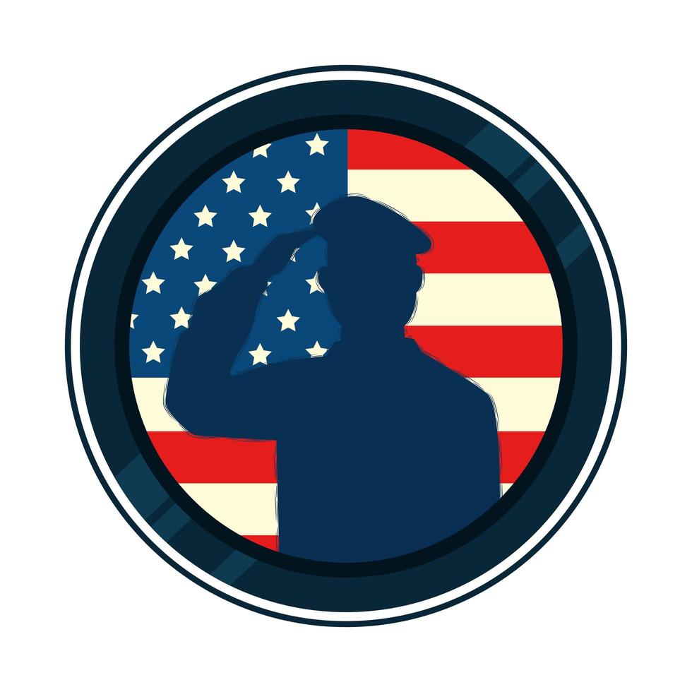 silhueta de homem soldado com bandeira dos Estados Unidos em quadro circular vetor
