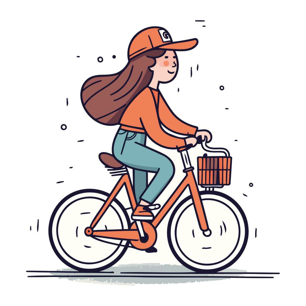 jovem mulher equitação uma bicicleta. vetor ilustração dentro rabisco estilo.