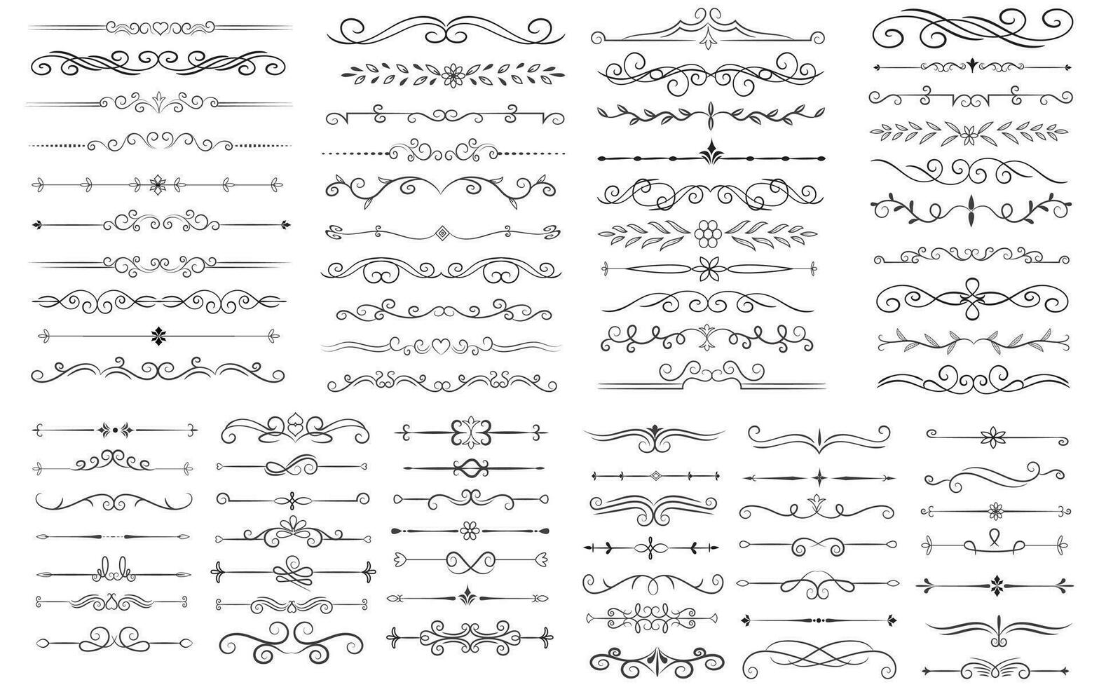 página divisor e Projeto elementos. conjunto do vários simples Preto divisor projeto, sortido divisor coleção modelo vetor. coleção do floral divisores elementos mega decoração para caligrafia. vetor