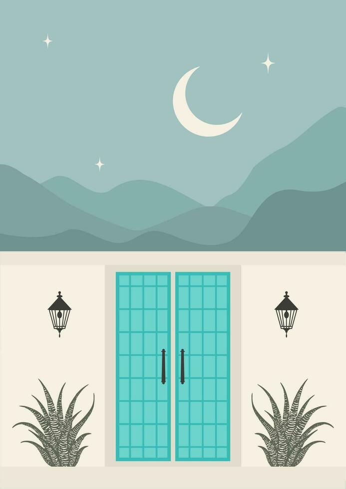 abstrato estético poster com azul porta e montanhas ilustração. minimalista vetor residência arte.