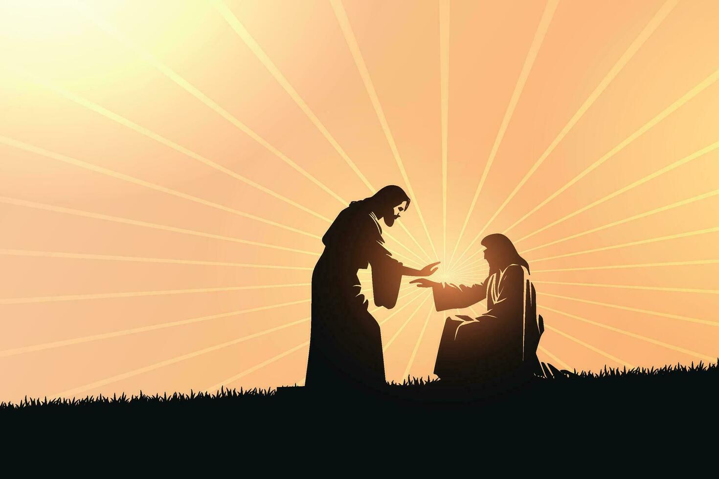 silhueta do Jesus Cristo e discípulo às nascer do sol vetor
