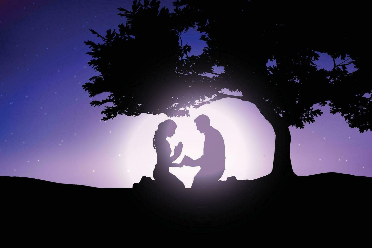 silhueta do uma casal debaixo uma árvore contra uma roxa céu vetor