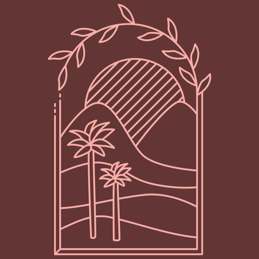 deserto oásis Marsala boho logotipo. areia, pôr do sol, Palma panorama estético ícone. vetor