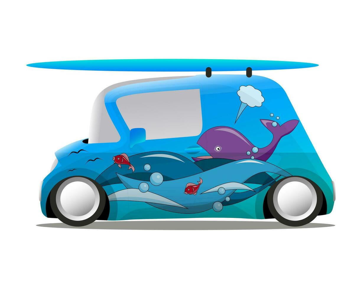 oceano aerografia mini desenho animado carro com uma prancha de surfe vetor