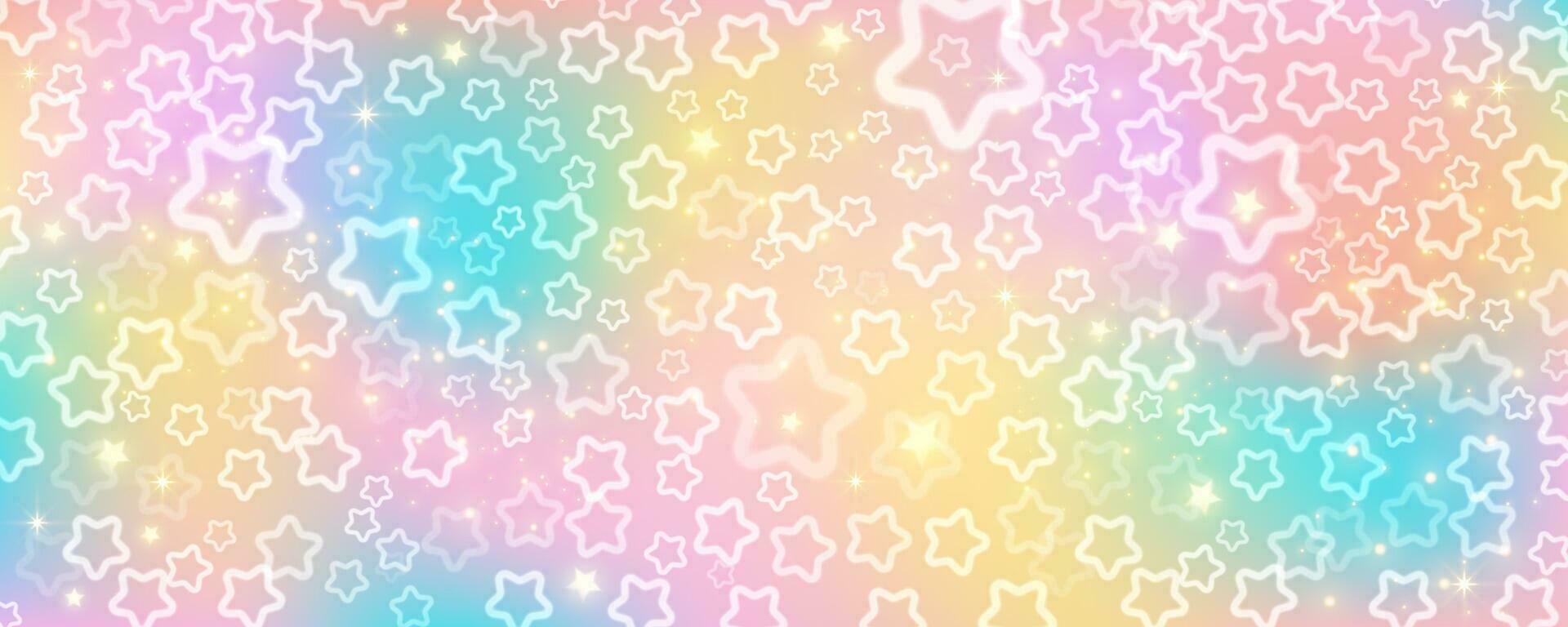 arco Iris céu com estrelas e bokeh. kawaii fantasia fundo. Magia brilhar espaço com iridescente textura. abstrato vetor papel de parede