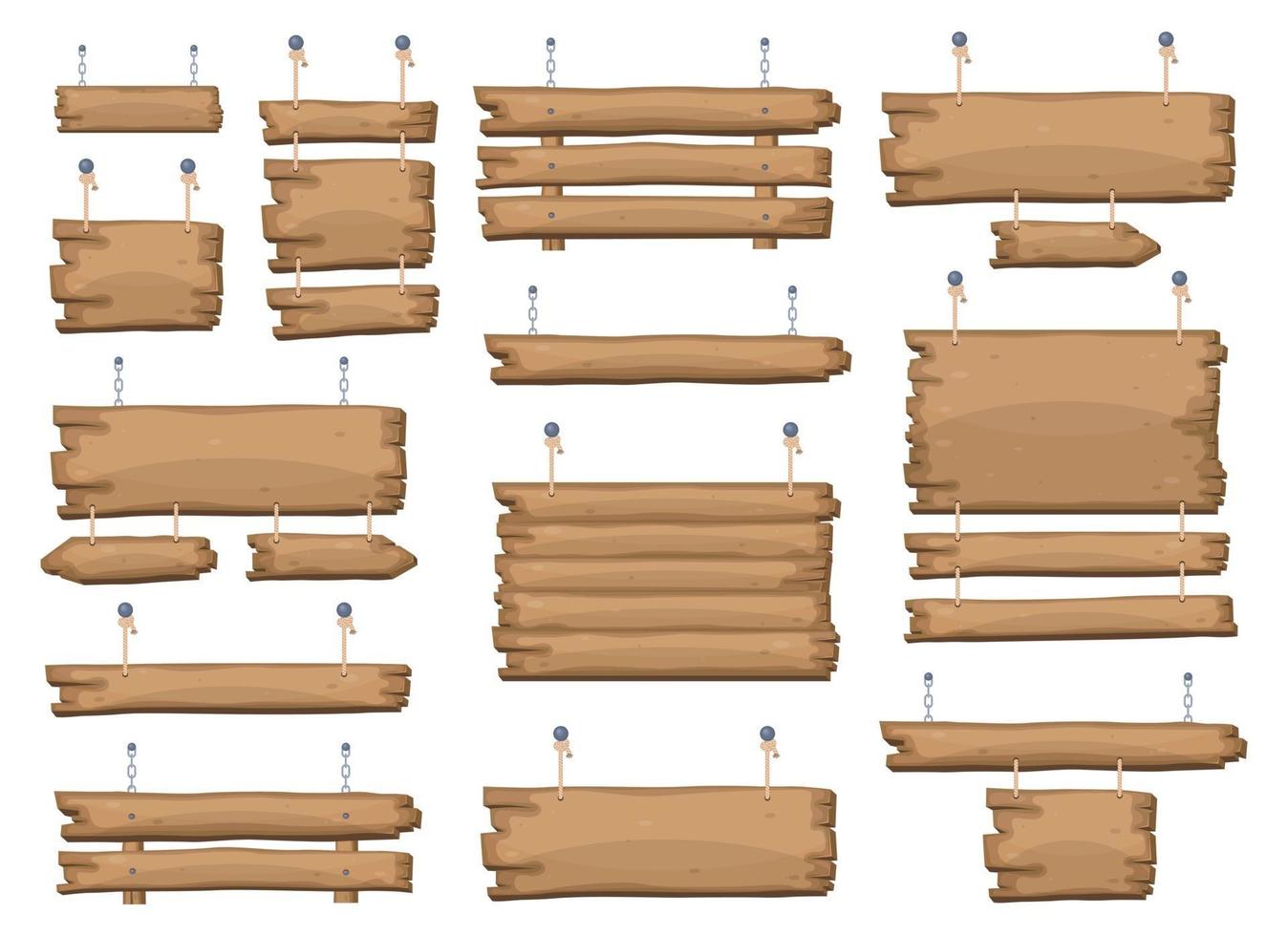 Placas de sinalização de madeira penduradas em correntes e cordas vetor