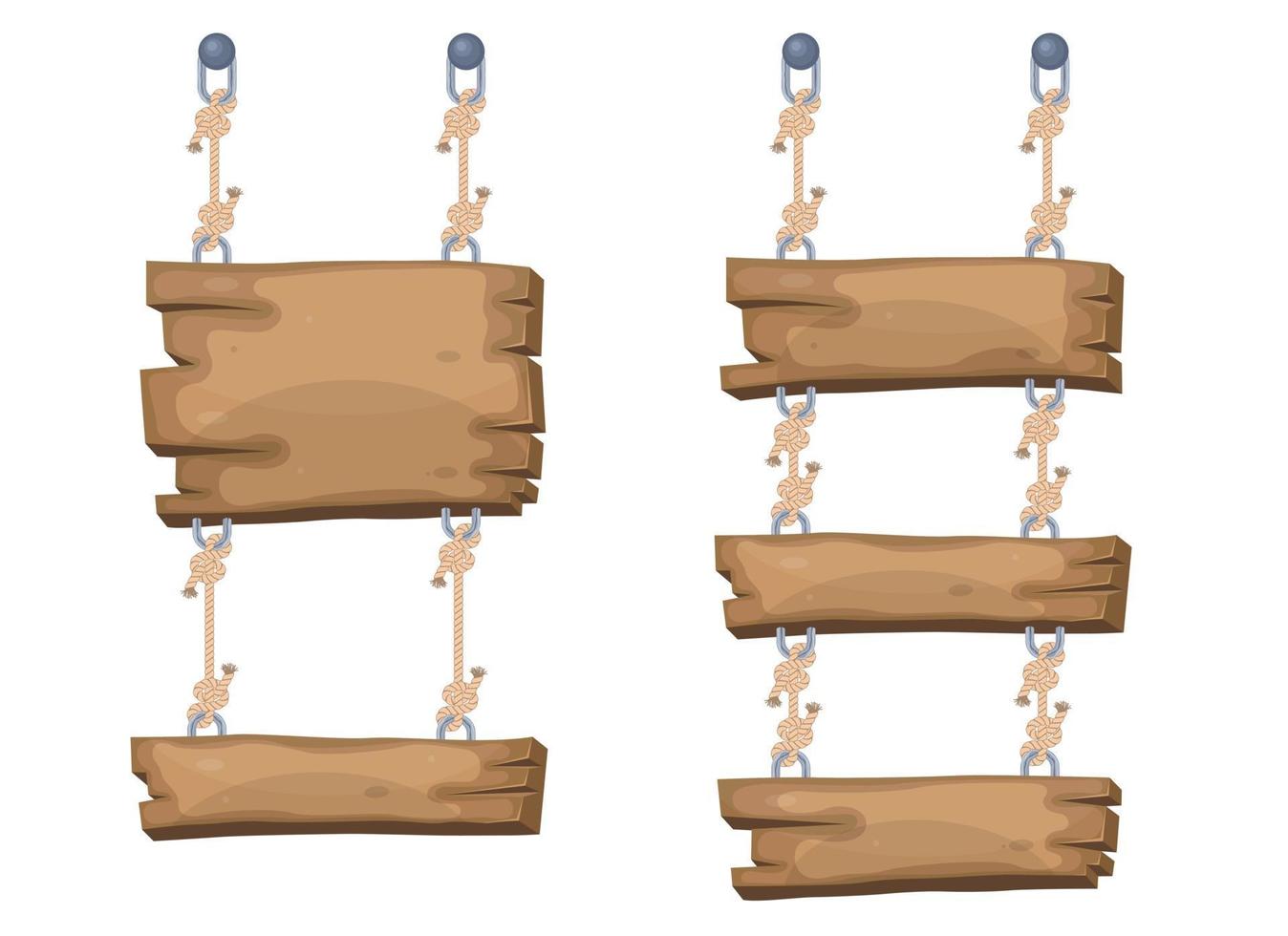 Placas de madeira para sinalização de desenho animado penduradas em cordas vetor