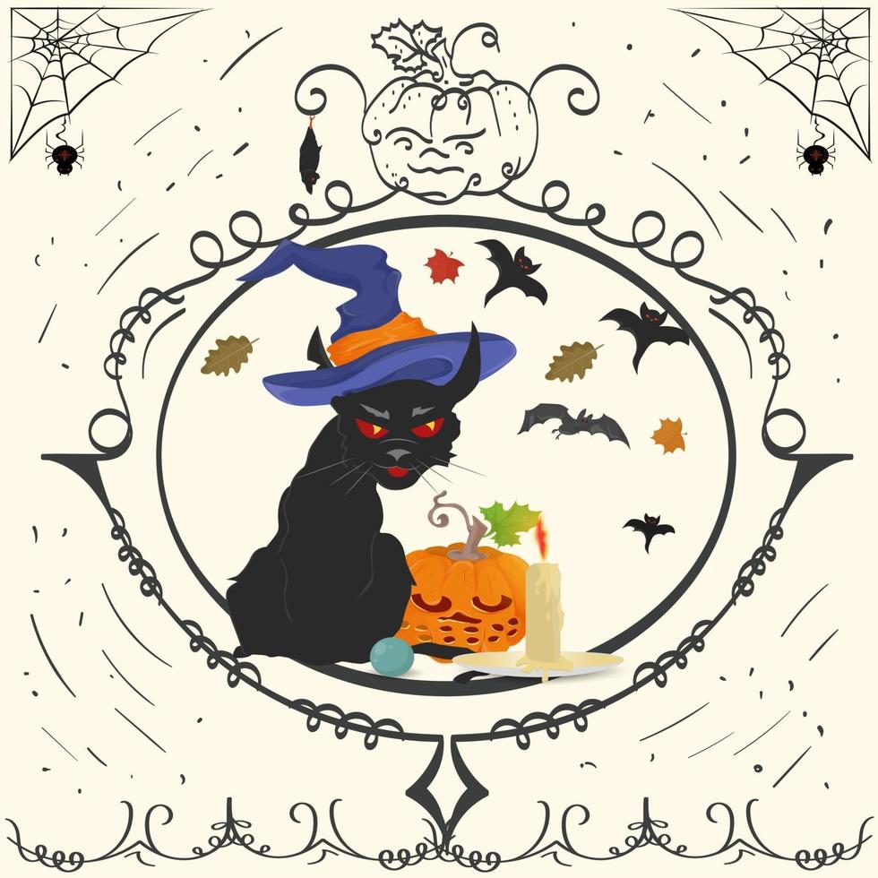 quadro vintage gato bravo e vela de halloween vetor