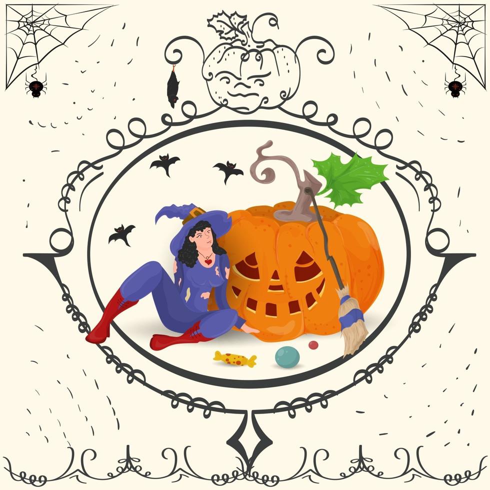 moldura vintage uma bruxa sentada perto de uma abóbora de halloween vetor