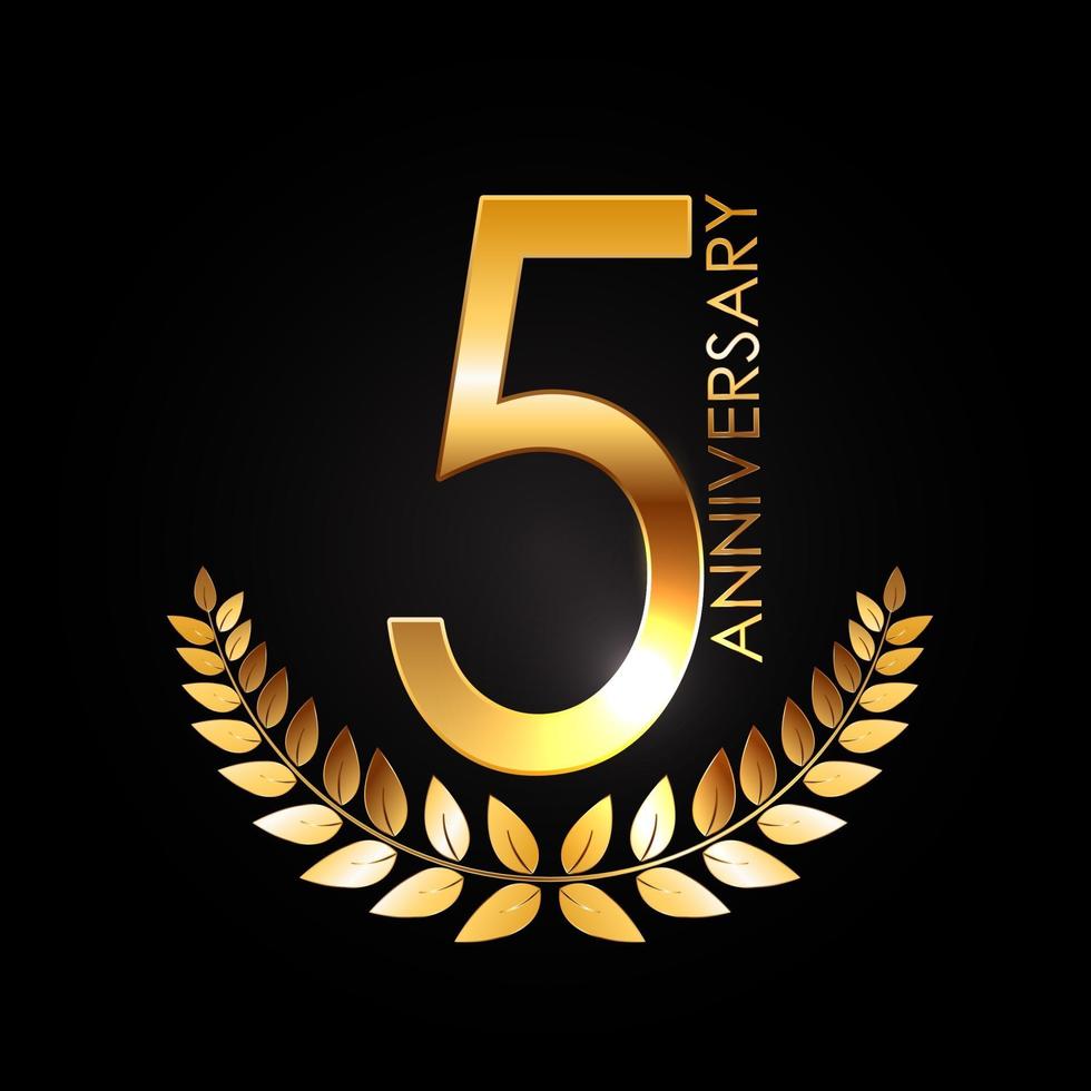 Aniversário de 5 anos do logotipo do modelo dourado com coroa de louros vetor