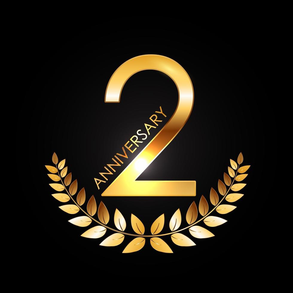 Aniversário de 2 anos do logotipo do modelo dourado com coroa de louros vetor