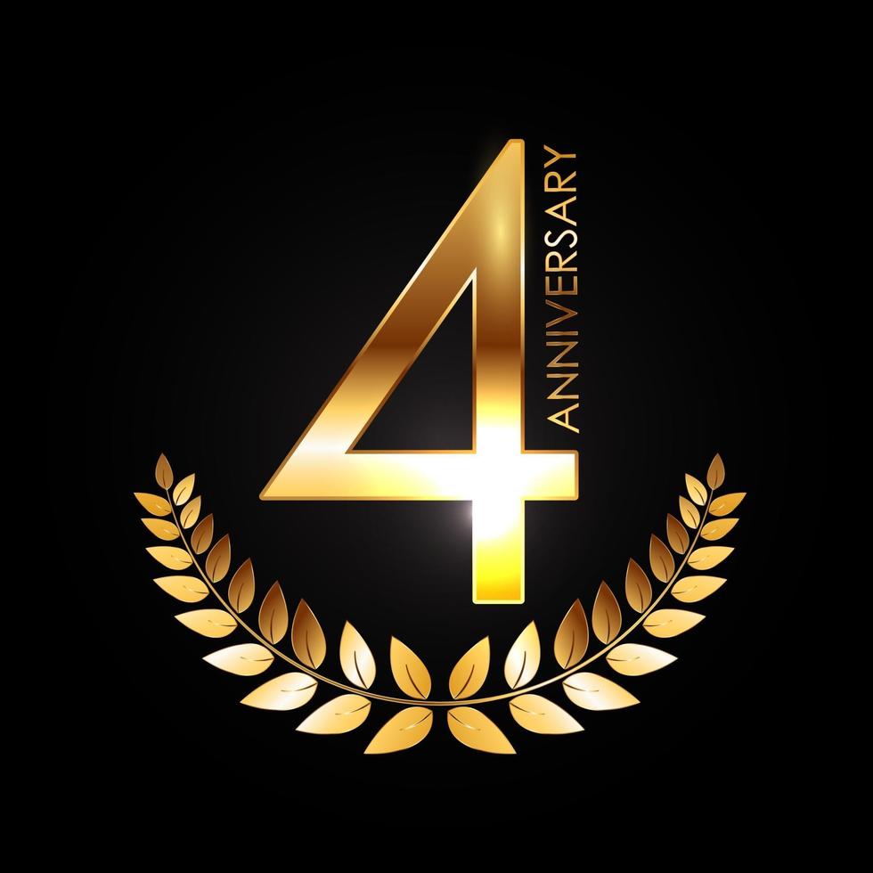 aniversário de 4 anos do logotipo do modelo dourado com coroa de louros vetor