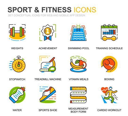 Conjunto simples de desporto e ícones de linha de Fitness para o site e aplicativos móveis vetor