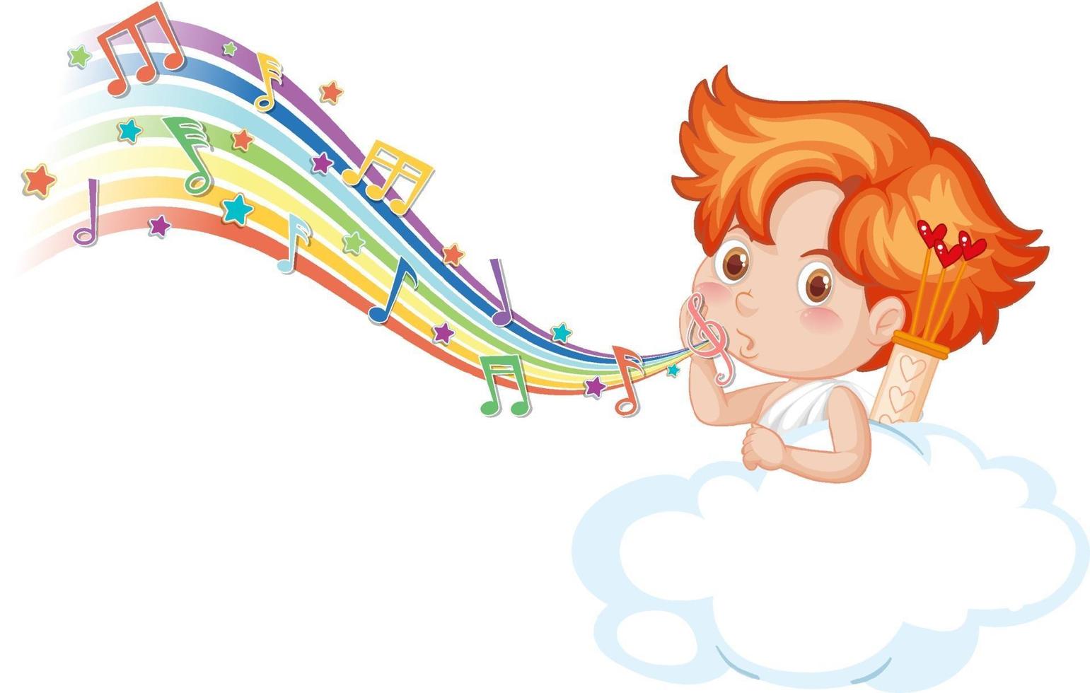 personagem de menino cupido na nuvem com símbolos de melodia no arco-íris vetor