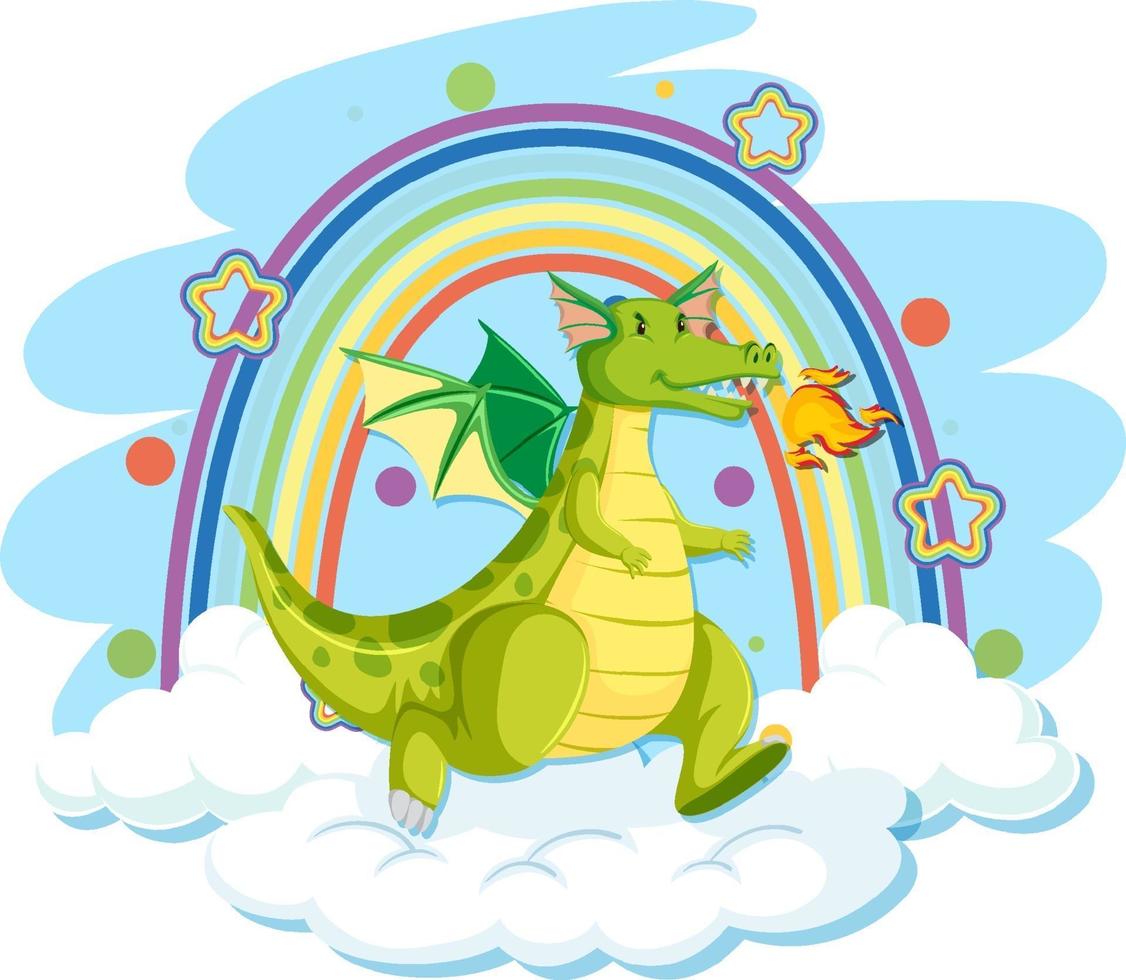 dragão verde fofo na nuvem com arco-íris vetor