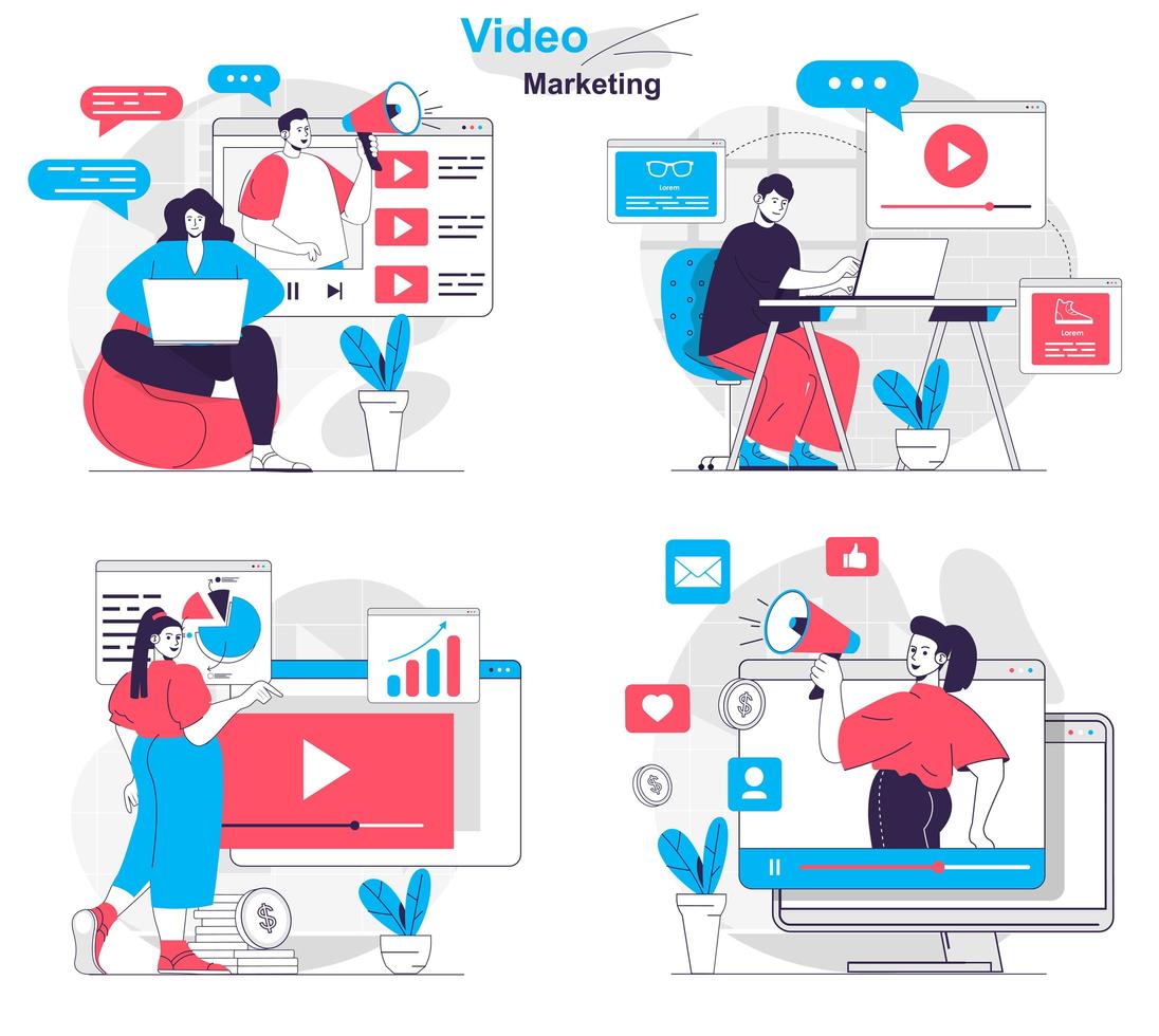 conceito de marketing de vídeo define cenas isoladas de pessoas em design plano vetor