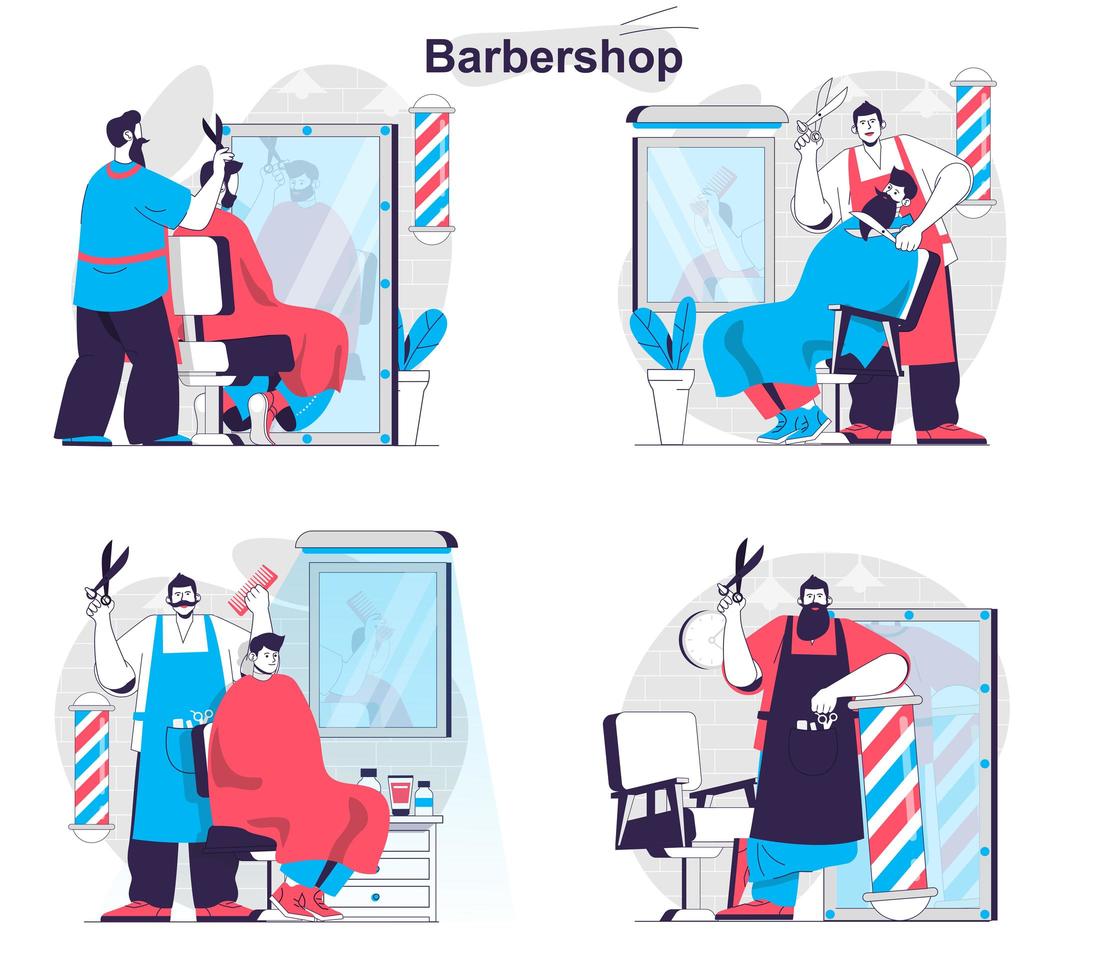 conceito de barbearia define cenas isoladas de pessoas em design plano vetor