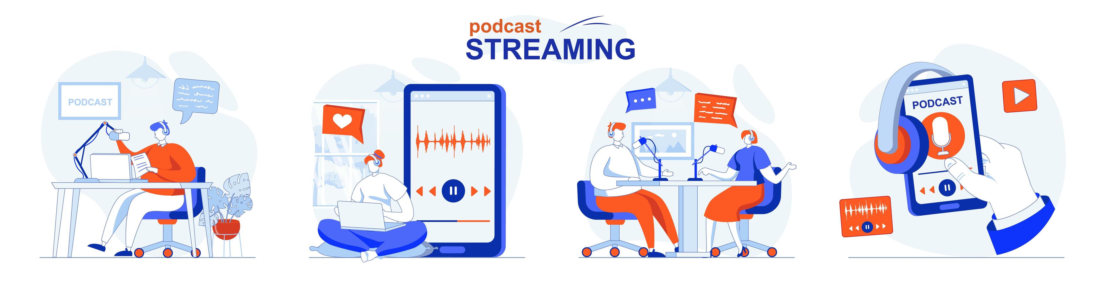 conceito de streaming de podcast define cenas isoladas de pessoas em design plano vetor