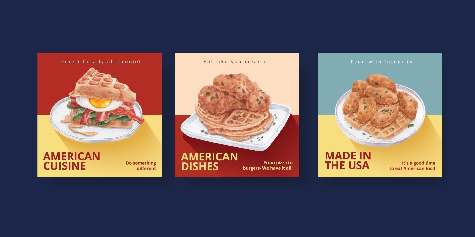 modelo de banner com conceito de comida americana, estilo aquarela vetor