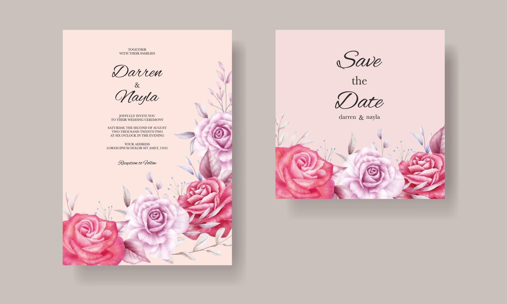 modelo de cartão de convite de casamento romântico com flores em aquarela vetor