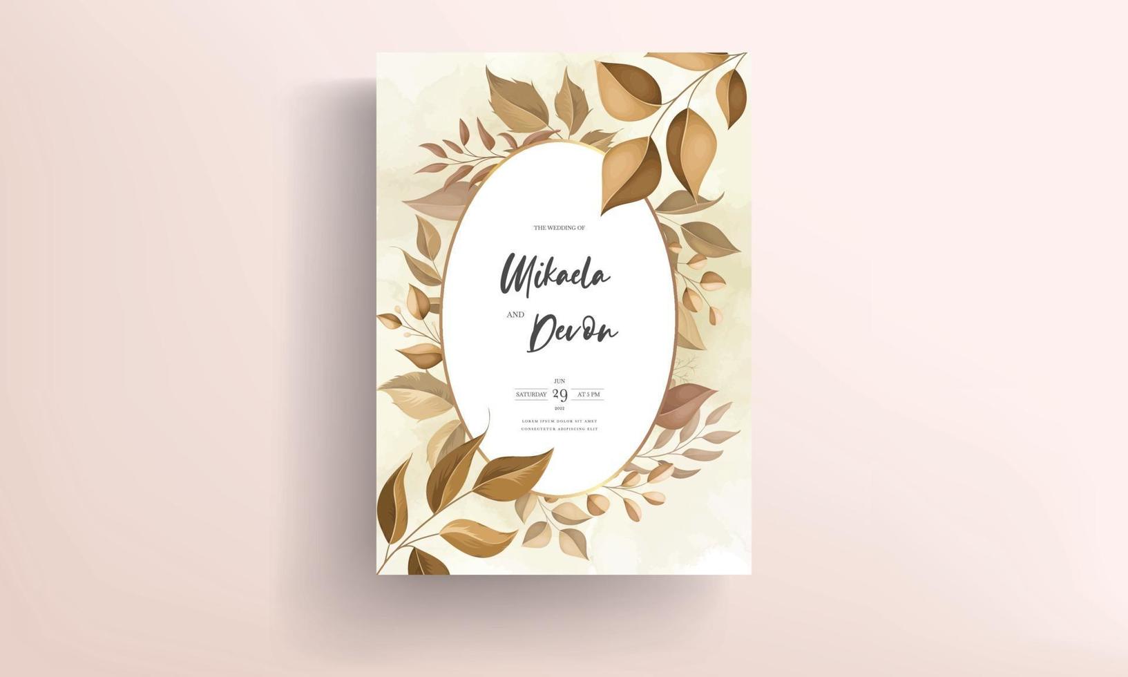 lindo cartão de convite de casamento com decoração de folhas vetor