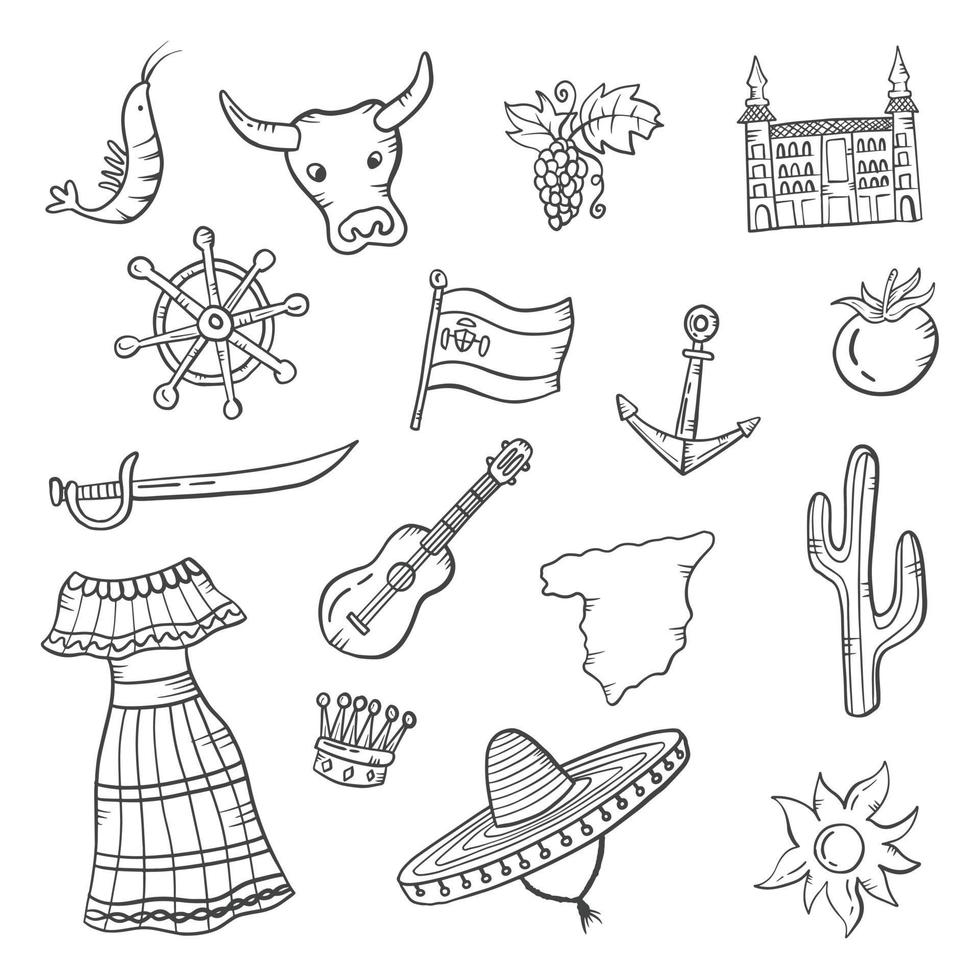 espanha país nação doodle conjunto de coleções desenhadas à mão vetor