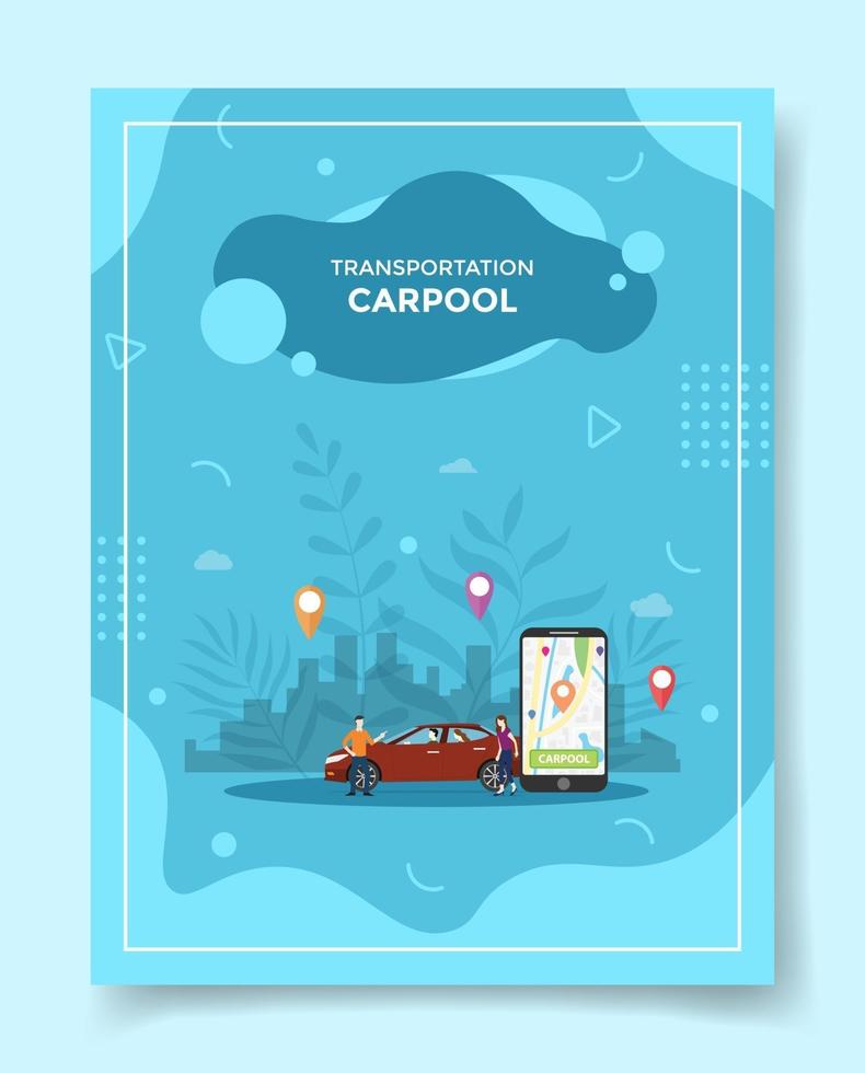 transporte carpool conceito pessoas ao redor do carro smartphone mapa vetor