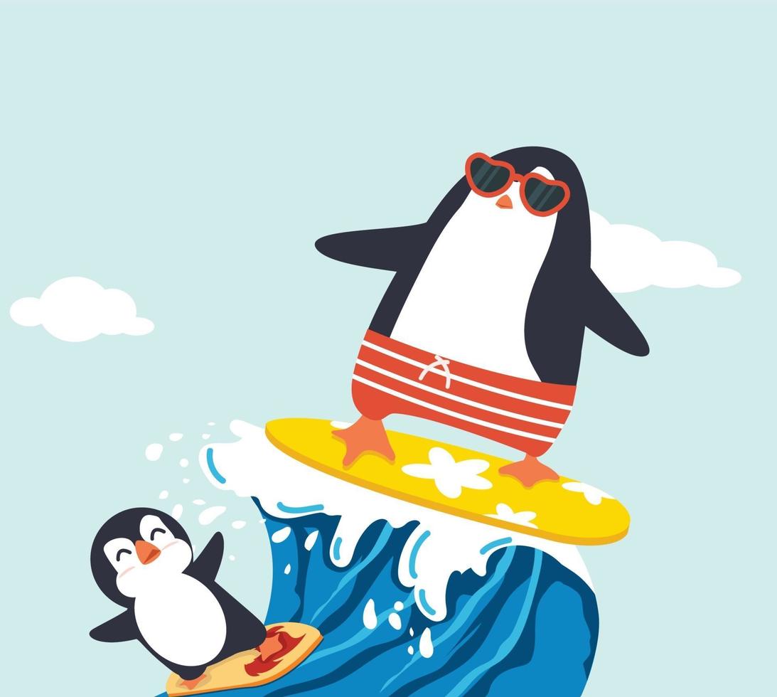 desenho de ondas de pinguim fofo surfando vetor