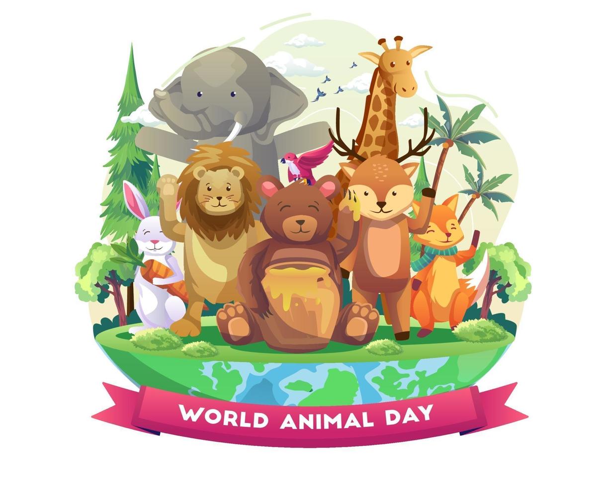 animais fofos ficam felizes em dar as boas-vindas à ilustração vetorial do dia mundial dos animais vetor