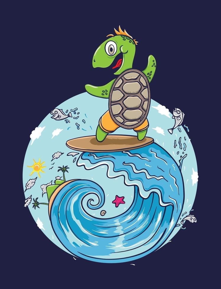 ilustração de tartaruga surfando em praia tropical vetor