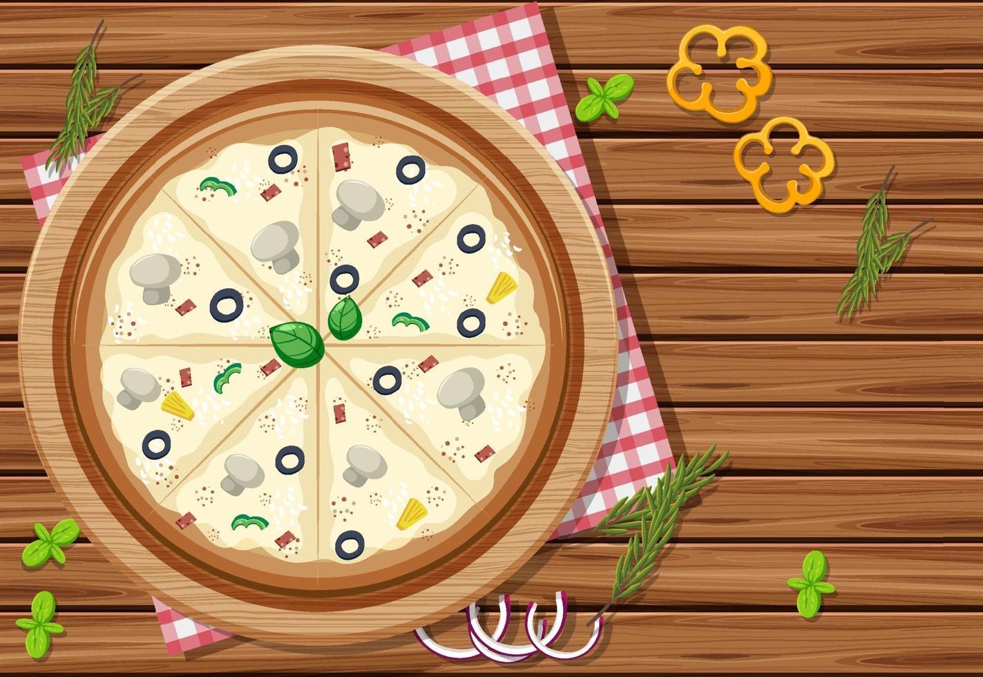 pizza no fundo da mesa de madeira com vários vegetais vetor