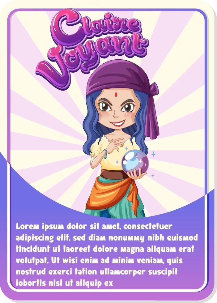 modelo de cartão de jogo de personagem com a palavra claire voyant vetor