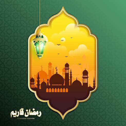 Design elegante de Ramadan Kareem com suspensão lanterna de Fanoos &amp; fundo de Mesquita vetor