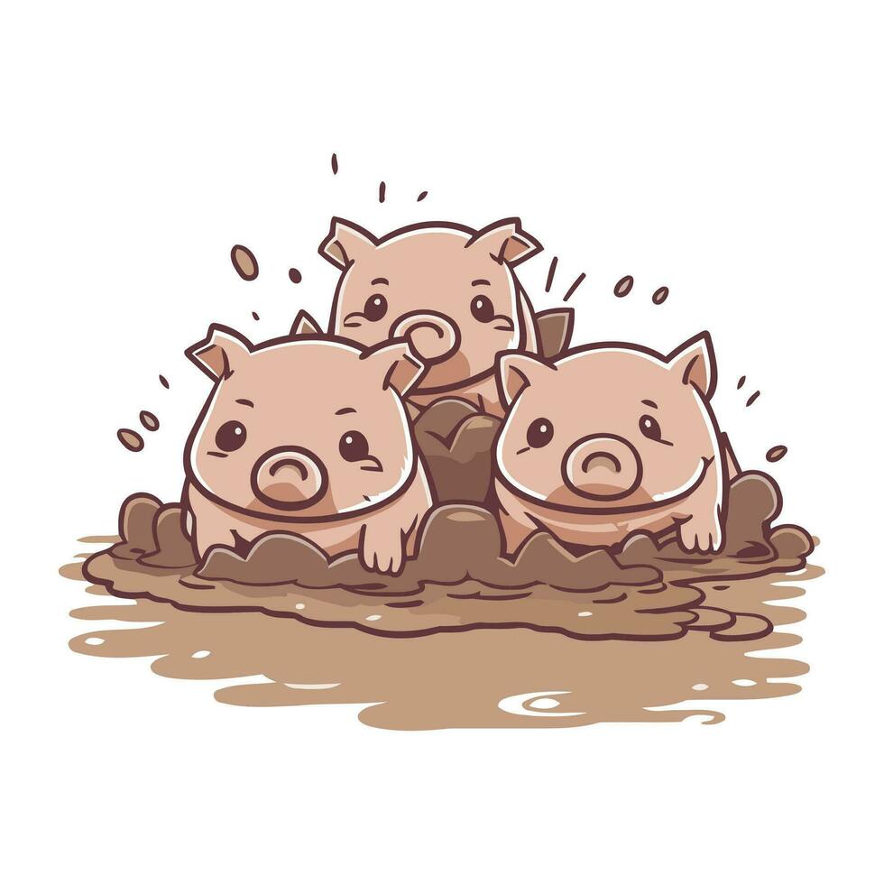 vetor ilustração do fofa pequeno porcos dentro a lama em uma branco fundo