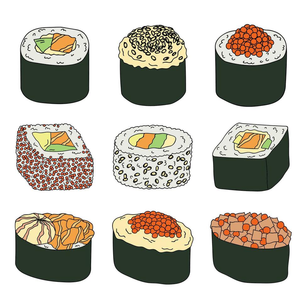 sushi desenhado à mão. pratos da cozinha tradicional japonesa. conjunto de clipart de comida asiática vetor